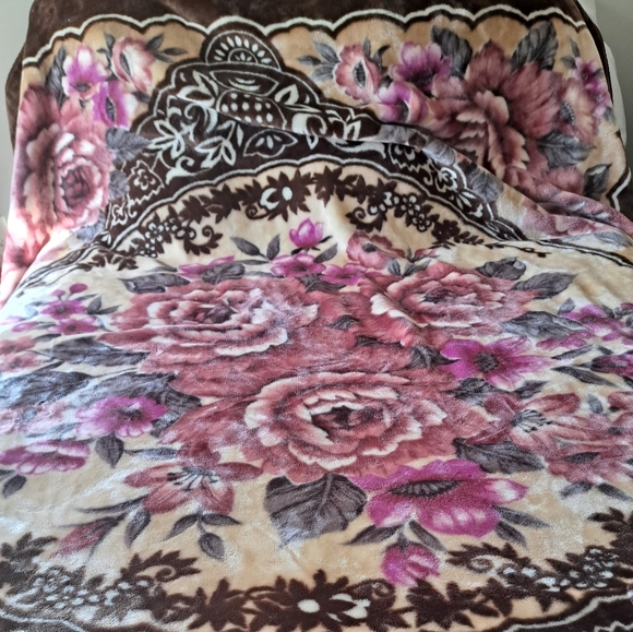 DAVIDA TIGER BLANKET thick plush floral flower browns purple soft heavy queen - Picture 2 of 12